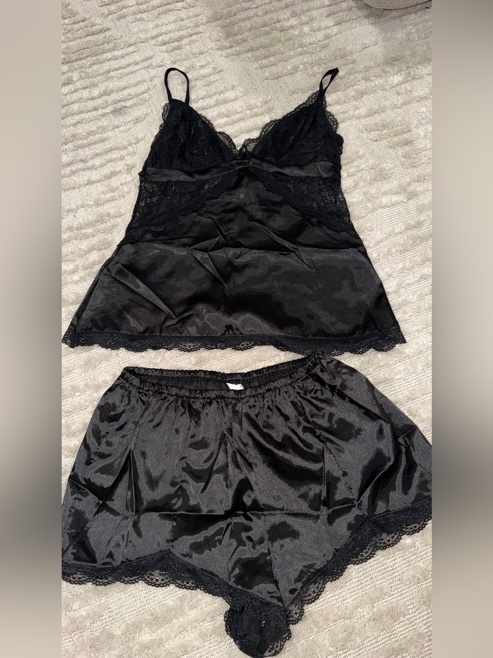 New Women's Black Satin & Lace Camisole and Shorts Sleep Set